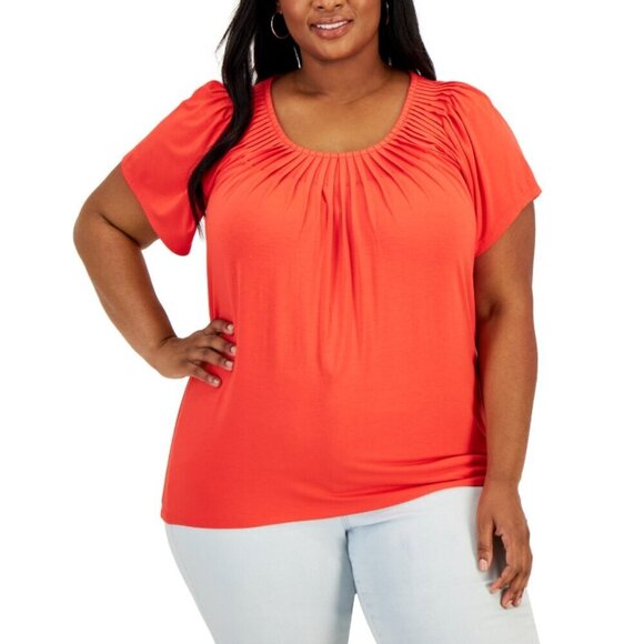 Style & Co. Plus Size 1X Vibrant Orange Pleat-Neck Casual Top NWOT - Picture 1 of 6